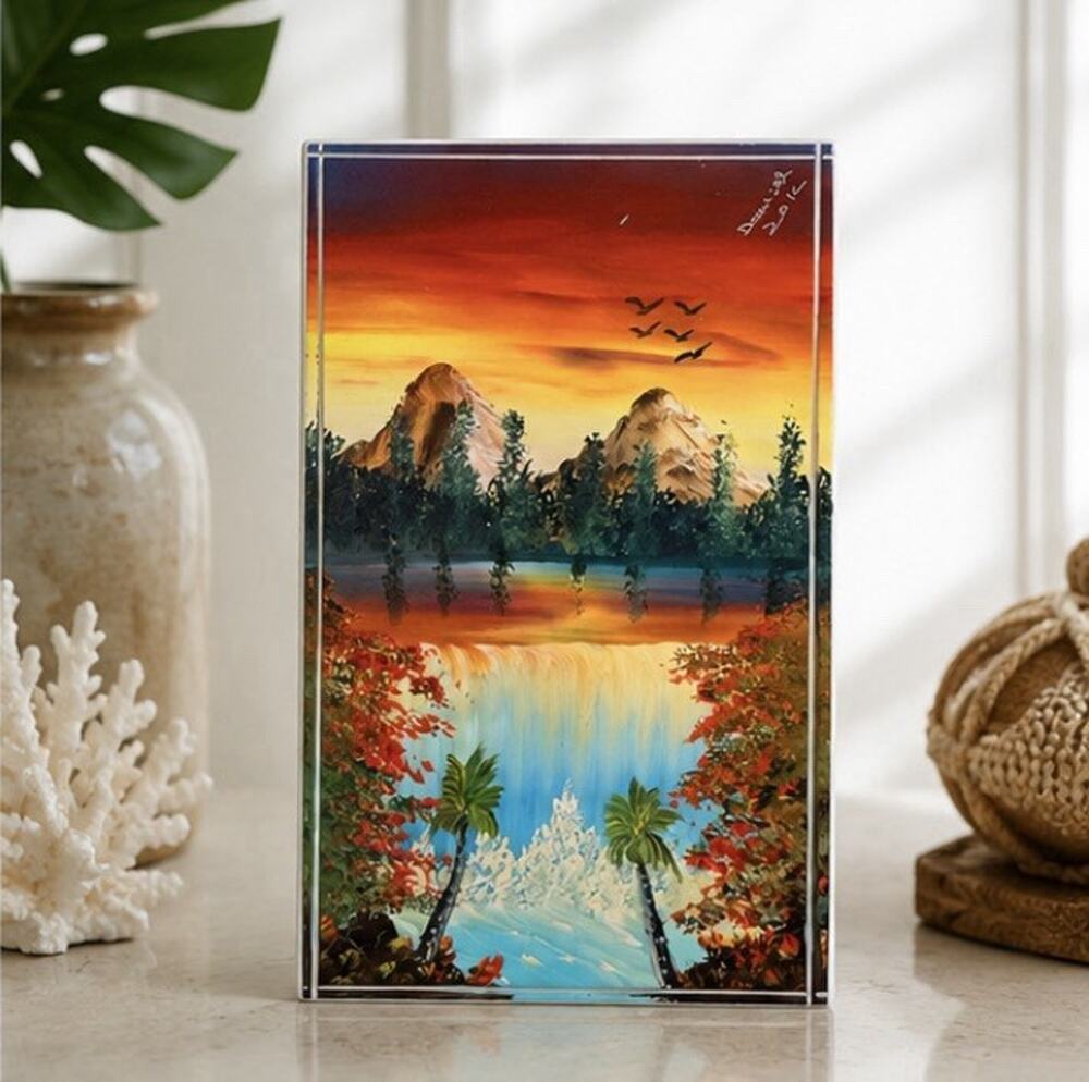Original Painting Ceramic Tile Signed Wall Art 12”x8” Tropical Sunset Landscape